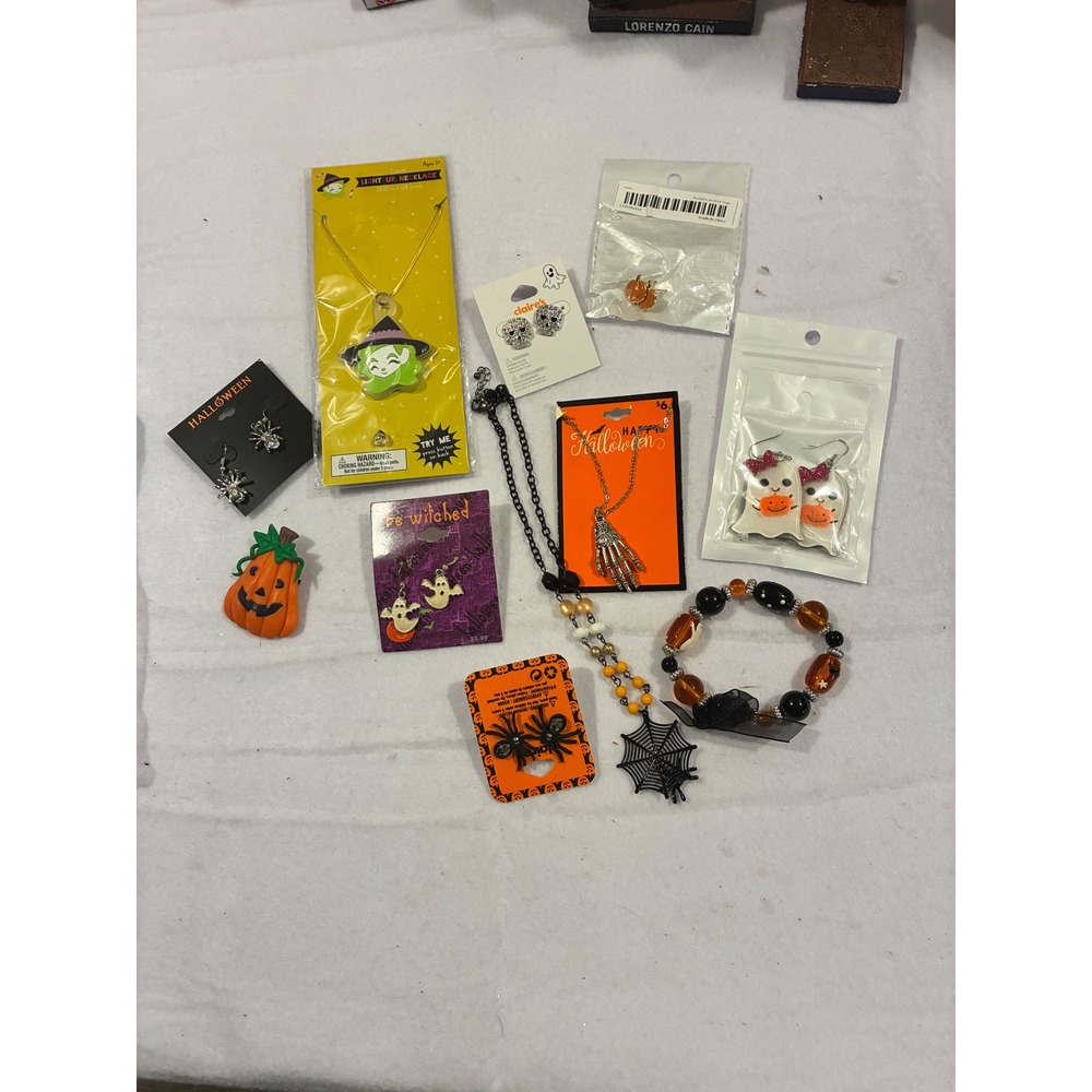 Halloween Jewelry Lot Claire's Ghost Pumpkin Spider Skeleton Necklace Earrings
